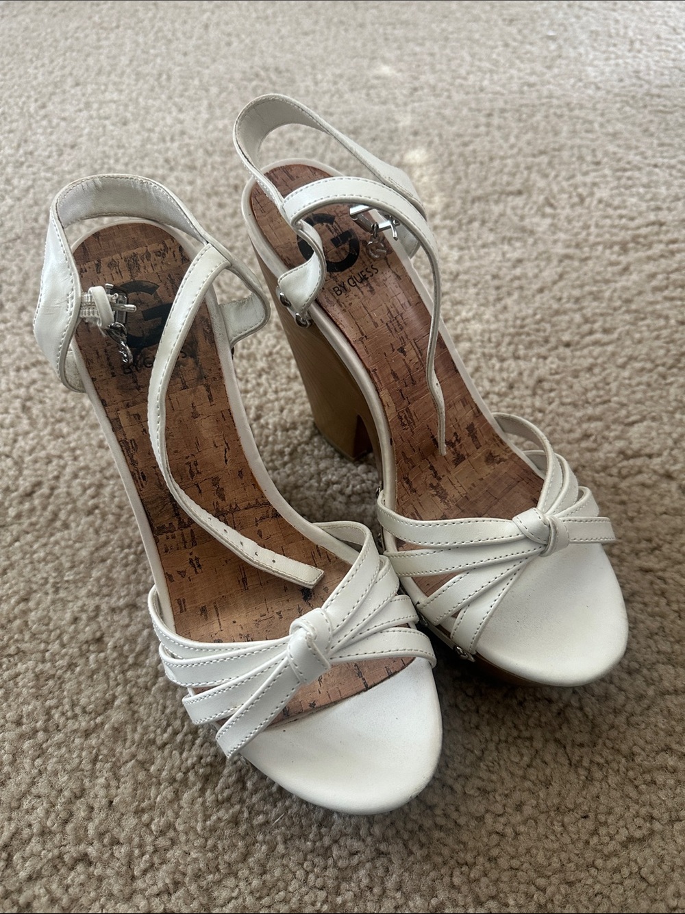 Guess White Knotted Strappy Block Heels